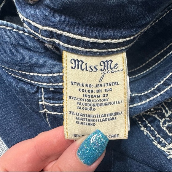 Miss Me Easy Skinny Jean Fleur De Lis Dark Wash Jeans Rhinestone Bling Size 31 - Picture 9 of 10